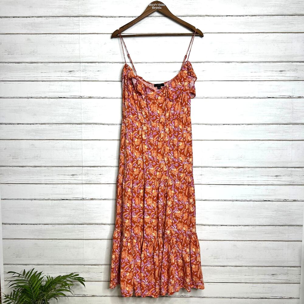 J Crew Floral Tiered Midi Dress Large Orange Pink Ruffle Boho Pockets